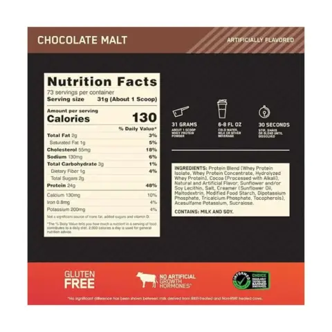 Optimum Nutrition 100% Whey Gold Standard Chocolate Malt Protein Powder 5Lb thumbnail 2