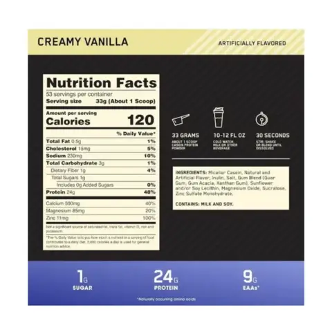 Optimum Nutrition 100% Casein Gold Standard Vanilla Cream Protein Powder 4Lb thumbnail 3