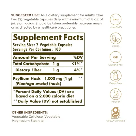 Solgar Psyllium Husks Fibre 500mg Capsules – 200 Capsules thumbnail 2