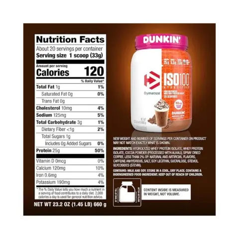 Dymatize ISO 100 Dunkin Mocha Latte Whey Protein Powder 660g thumbnail 3