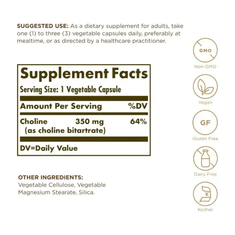 Solgar Choline 350mg Capsules – 100 Capsules thumbnail 2
