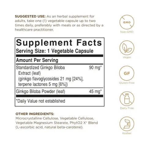 Solgar Ginkgo Biloba Vegetable Capsules – 180 Capsules thumbnail 2