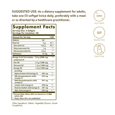 Solgar Omega 3-6-9 Fish, Flax & Borage 1300mg – 120 Softgels thumbnail 2
