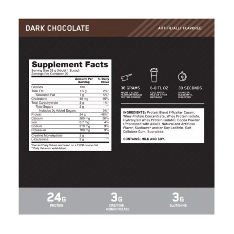 Optimum Nutrition Platinum Rebuild Protein Chocolate Powder 1.68lb thumbnail 2