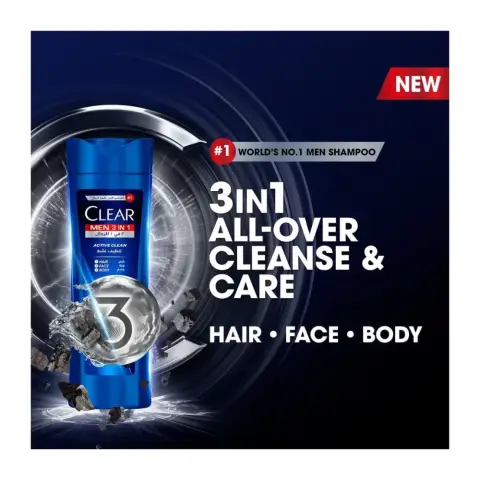 Clear Men 3 In 1 Active Clean Hair Face Body Wash 400Ml thumbnail 2